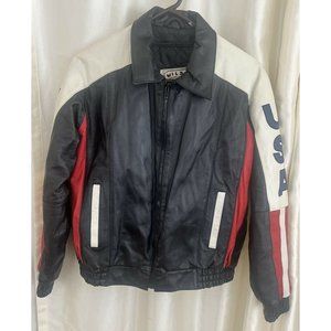 Wilda USA Genuine VIntage AMERICAN Flag Sewn on Leather Jacket Mens Large